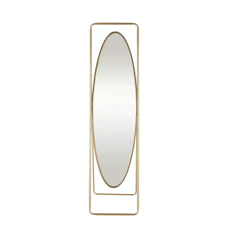 Olivia & May 66"x17"Metal Geometric Oval Floor Mirror with Rectangular Frame and Stand Gold: No Scratch Base, Indoor Use, Fully Assembled