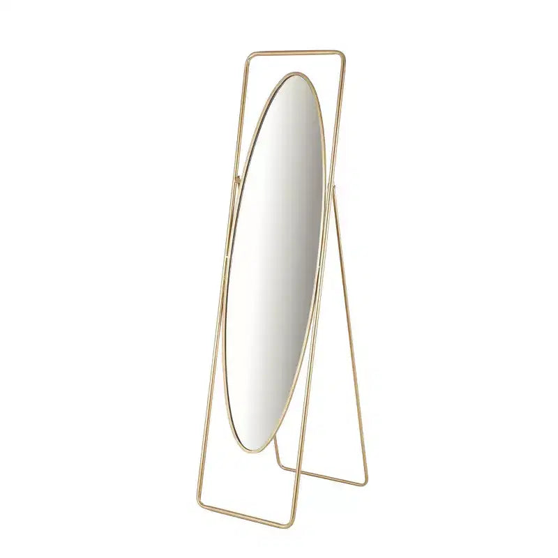 Miroir de sol ovale géométrique en métal avec cadre rectangulaire et support doré : Base anti-rayures, Utilisation intérieure, Entièrement assemblé