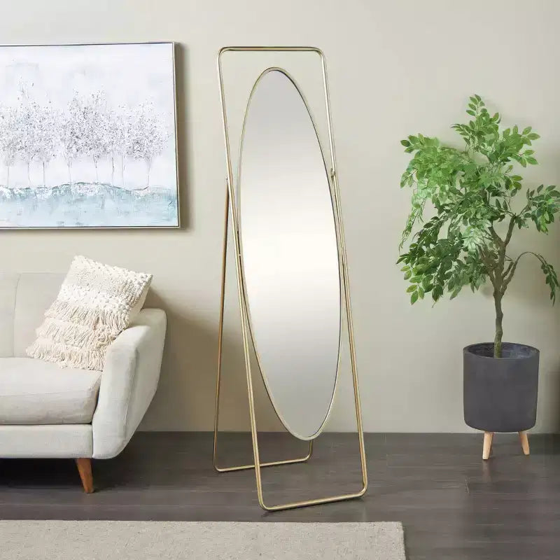 Miroir de sol ovale géométrique en métal avec cadre rectangulaire et support doré : Base anti-rayures, Utilisation intérieure, Entièrement assemblé
