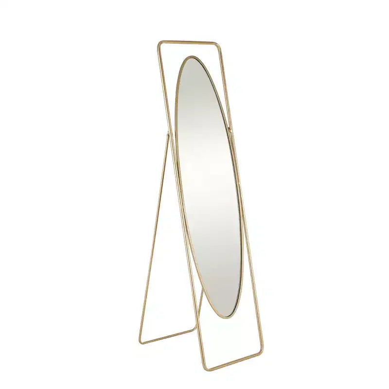 Miroir de sol ovale géométrique en métal avec cadre rectangulaire et support doré : Base anti-rayures, Utilisation intérieure, Entièrement assemblé