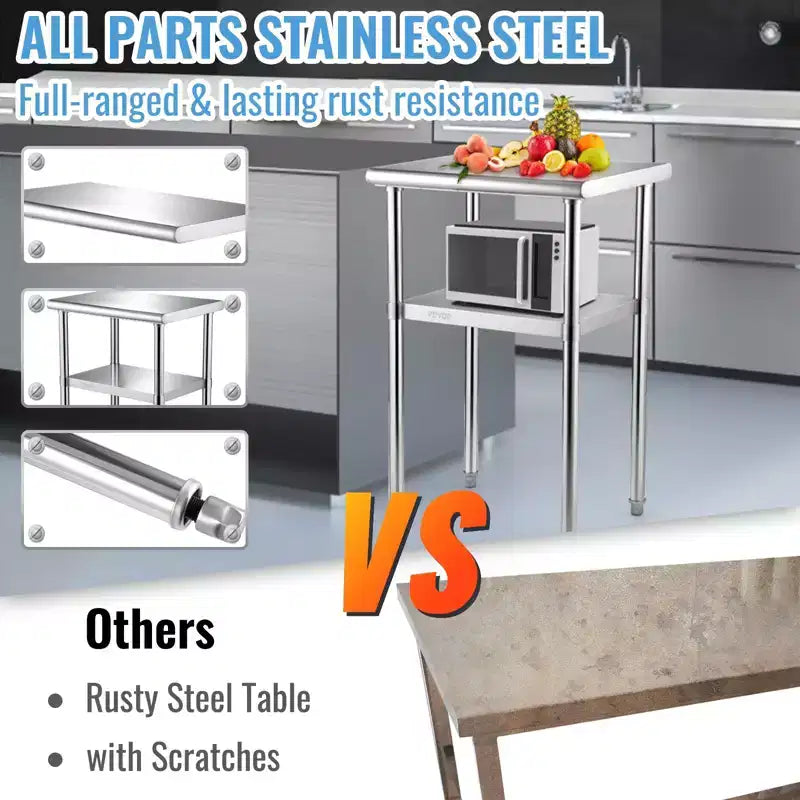 Table de préparation en acier inoxydable, 61 x 46 x 91 cm, charge maximale 272 kg, plan de travail en métal robuste avec étagère inférieure et pieds réglables