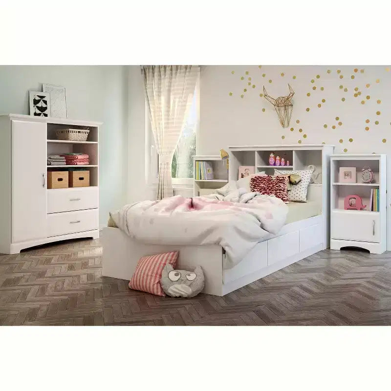 Lit double blanc de 37,46 cm de hauteur avec rangement et cadre en panneaux de particules