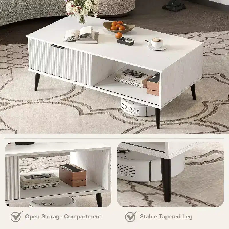 Table basse Mid-Century Moderne avec porte coulissante et 2 niveaux de rangement, pieds en bois massif Table de cocktail en bois pour salon et bureau