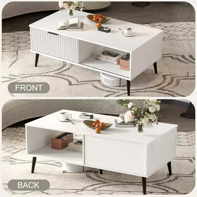 Table basse Mid-Century Moderne avec porte coulissante et 2 niveaux de rangement, pieds en bois massif Table de cocktail en bois pour salon et bureau