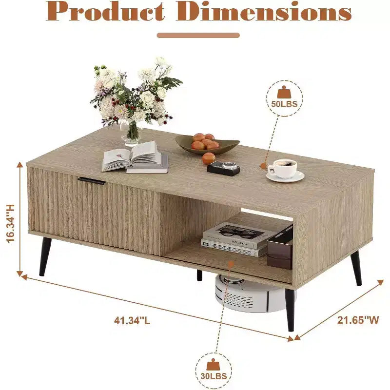 Table basse Mid-Century Moderne avec porte coulissante et 2 niveaux de rangement, pieds en bois massif Table de cocktail en bois pour salon et bureau