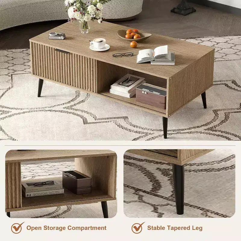 Table basse Mid-Century Moderne avec porte coulissante et 2 niveaux de rangement, pieds en bois massif Table de cocktail en bois pour salon et bureau