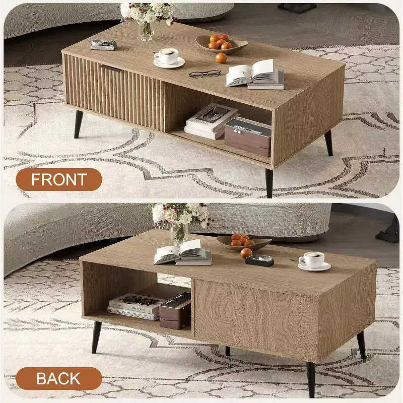 Table basse Mid-Century Moderne avec porte coulissante et 2 niveaux de rangement, pieds en bois massif Table de cocktail en bois pour salon et bureau
