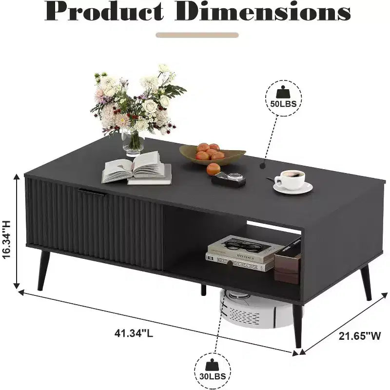 Table basse Mid-Century Moderne avec porte coulissante et 2 niveaux de rangement, pieds en bois massif Table de cocktail en bois pour salon et bureau