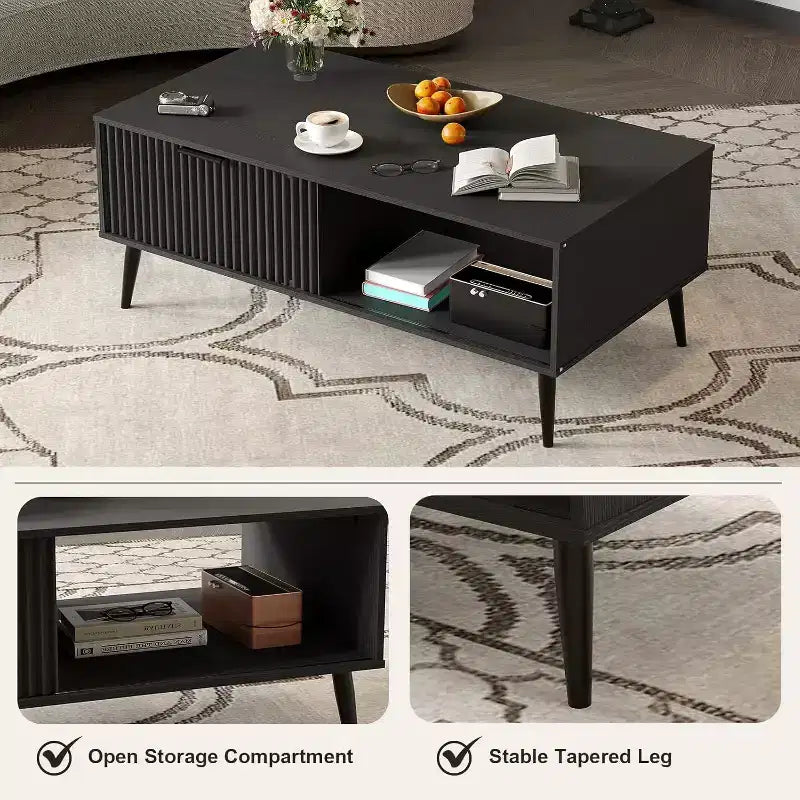 Table basse Mid-Century Moderne avec porte coulissante et 2 niveaux de rangement, pieds en bois massif Table de cocktail en bois pour salon et bureau