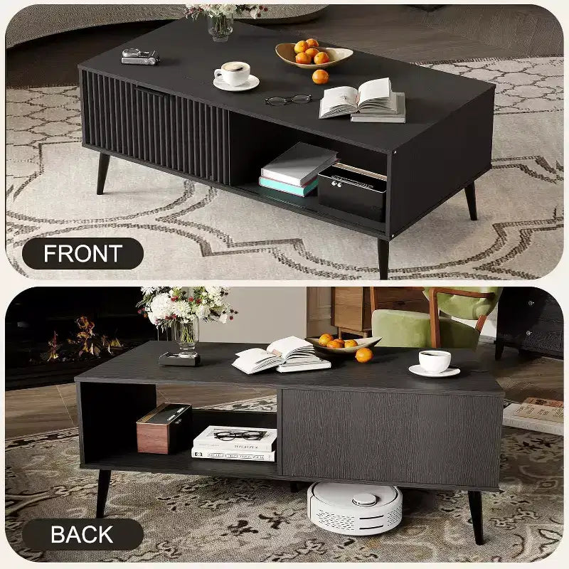 Table basse Mid-Century Moderne avec porte coulissante et 2 niveaux de rangement, pieds en bois massif Table de cocktail en bois pour salon et bureau