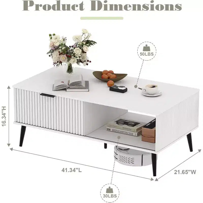 Table basse Mid-Century Moderne avec porte coulissante et 2 niveaux de rangement, pieds en bois massif Table de cocktail en bois pour salon et bureau