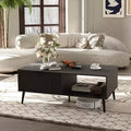 Acekool Mid-Century Modern Coffee Table with Sliding Door & 2-Tier Storage, Solid Wood Legs  Wooden Cocktail Table for Living Room & Office