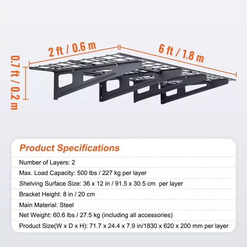 Étagères de rangement de garage, étagères de garage murales robustes de 1,2 m x 0,6 m, capacité de charge de 227 kg (au total), rack de rangement de garage