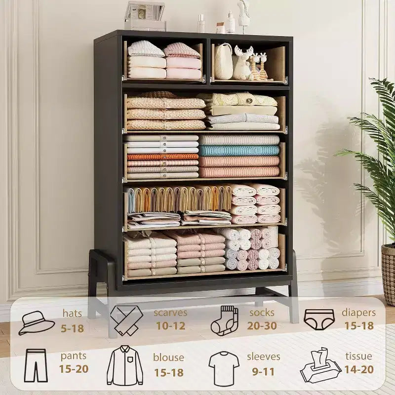 Commode haute 46,6, commode 4+2 tiroirs pour chambre, tiroir large avec rangement autoportant, meuble de rangement en bois