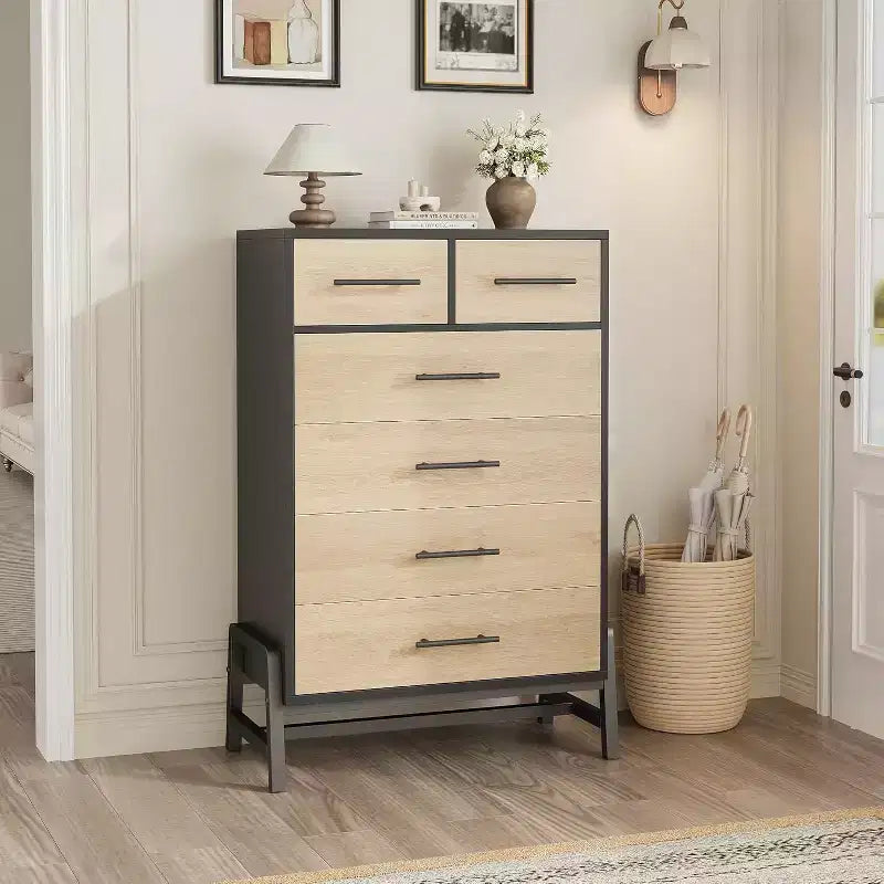 Commode haute 46,6, commode 4+2 tiroirs pour chambre, tiroir large avec rangement autoportant, meuble de rangement en bois