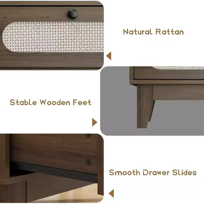 Commode en rotin à 3 tiroirs pour chambre à coucher, poignées et pieds en bois, commode de rangement compacte, petite commode moderne, pour chambre à coucher, salon