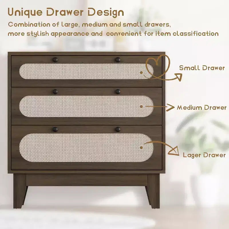 Commode en rotin à 3 tiroirs pour chambre à coucher, poignées et pieds en bois, commode de rangement compacte, petite commode moderne, pour chambre à coucher, salon