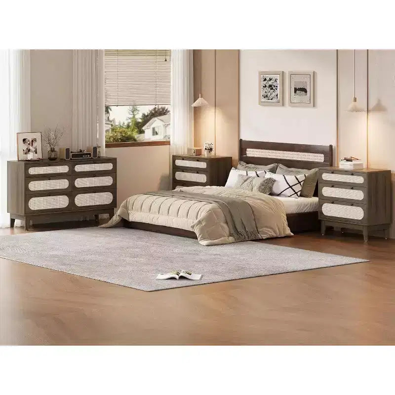 Commode en rotin à 3 tiroirs pour chambre à coucher, poignées et pieds en bois, commode de rangement compacte, petite commode moderne, pour chambre à coucher, salon