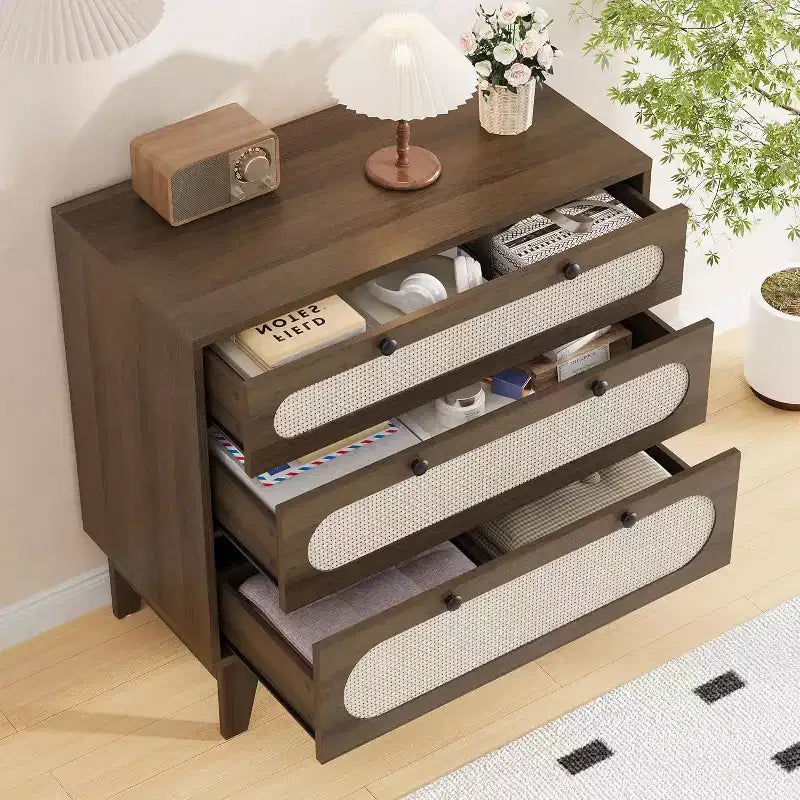 Commode en rotin à 3 tiroirs pour chambre à coucher, poignées et pieds en bois, commode de rangement compacte, petite commode moderne, pour chambre à coucher, salon