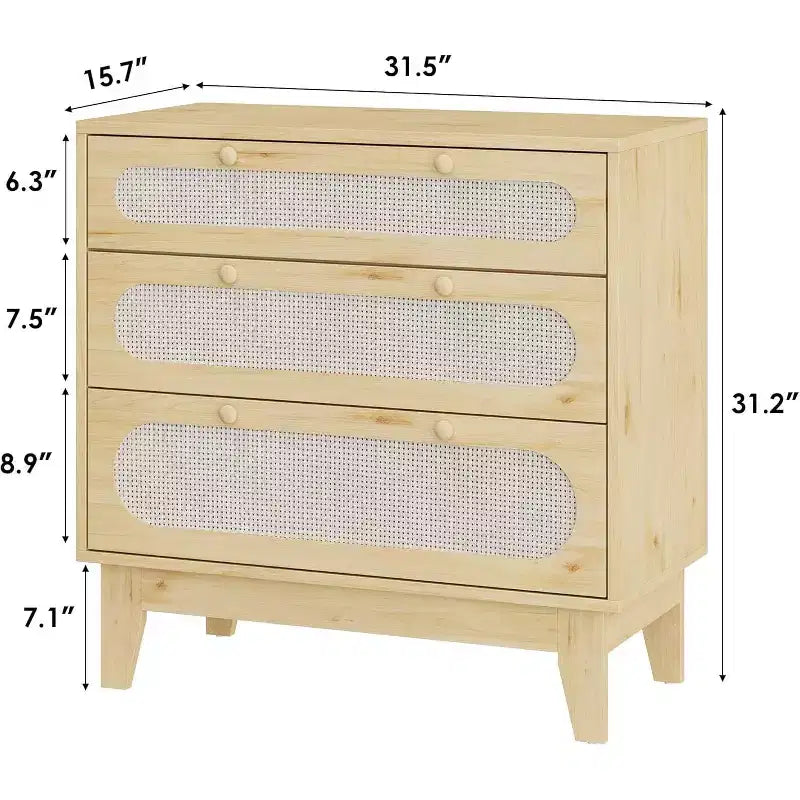 Commode en rotin à 3 tiroirs pour chambre à coucher, poignées et pieds en bois, commode de rangement compacte, petite commode moderne, pour chambre à coucher, salon