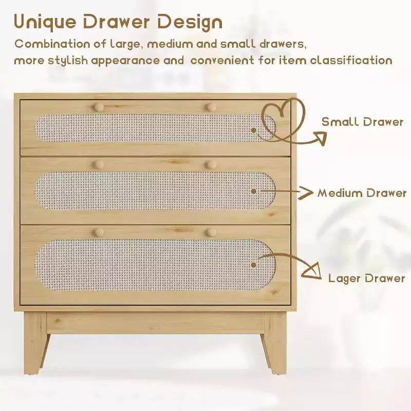 Commode en rotin à 3 tiroirs pour chambre à coucher, poignées et pieds en bois, commode de rangement compacte, petite commode moderne, pour chambre à coucher, salon