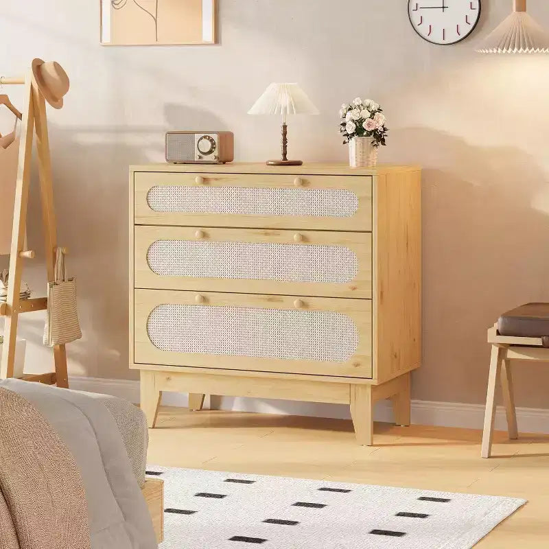 Commode en rotin à 3 tiroirs pour chambre à coucher, poignées et pieds en bois, commode de rangement compacte, petite commode moderne, pour chambre à coucher, salon