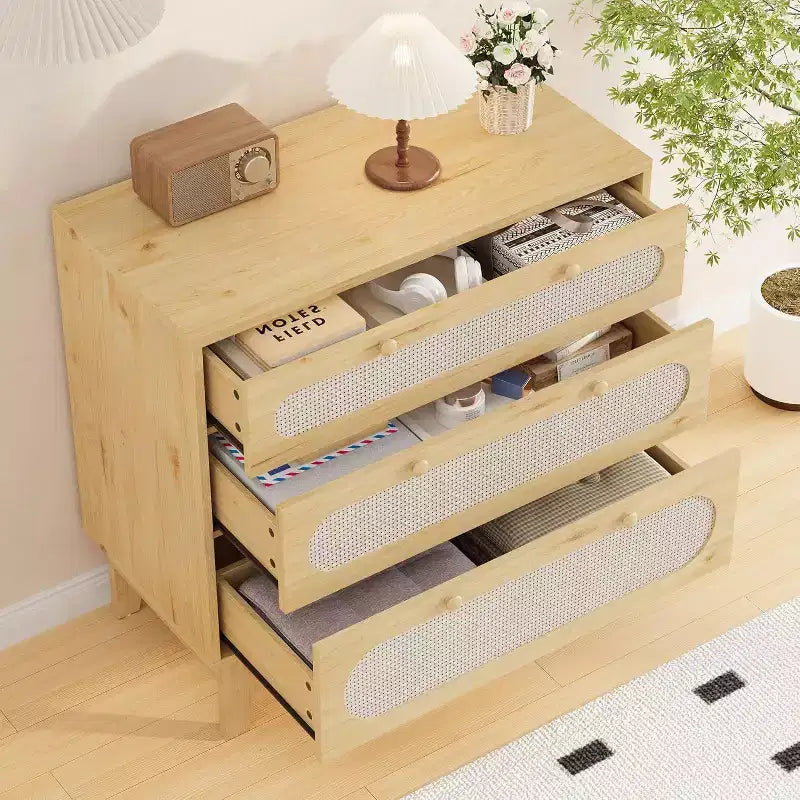 Commode en rotin à 3 tiroirs pour chambre à coucher, poignées et pieds en bois, commode de rangement compacte, petite commode moderne, pour chambre à coucher, salon