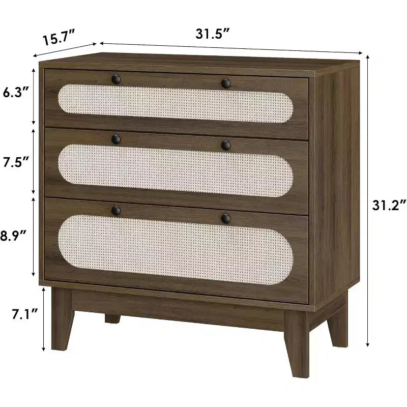 Commode en rotin à 3 tiroirs pour chambre à coucher, poignées et pieds en bois, commode de rangement compacte, petite commode moderne, pour chambre à coucher, salon