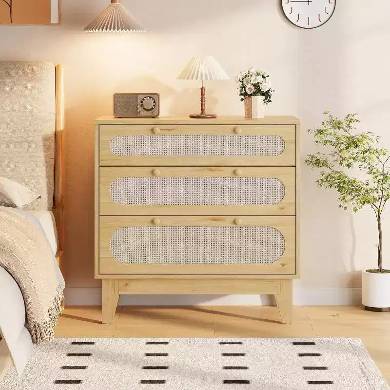 Rattan 3 Different Drawer Dresser for Bedroom, Handles and Wooden Legs, Compact Storage Chest, Modern Small Dresser, for Bedroom, Living Room