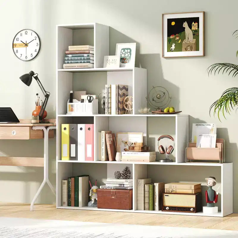 Étagère à livres à 4 niveaux avec 6 cubes de rangement, bibliothèque d'escalier géométrique moderne de 162 cm de haut