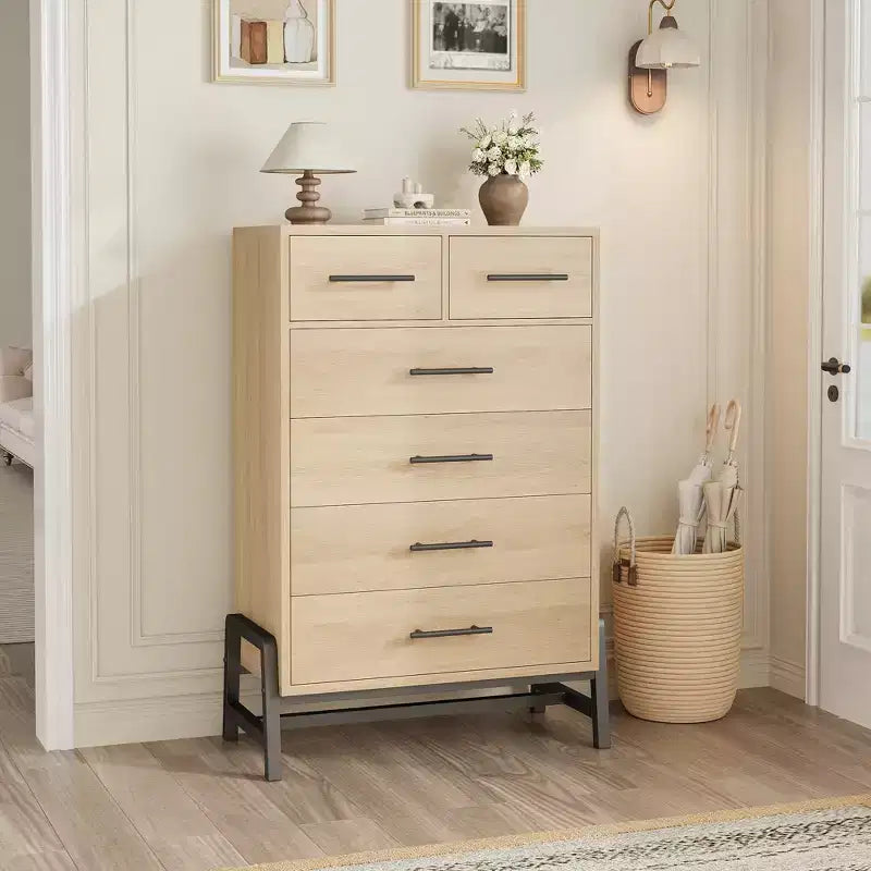 Commode de chambre à coucher, commode haute de 118,4 cm, tiroir haut de rangement autonome, commode en bois pour salon, chambre à coucher, chêne naturel