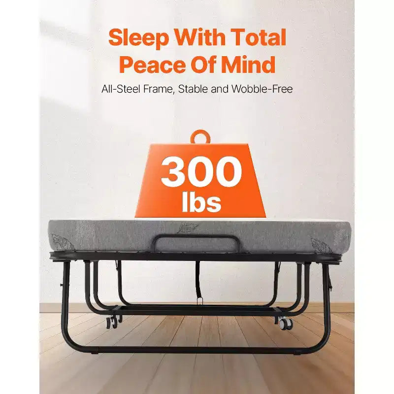 Lit pliant, lit escamotable 96,5 cm x 190,5 cm avec matelas de 10 cm, lit pliant simple avec cadre métallique robuste et matelas en mousse à mémoire de forme
