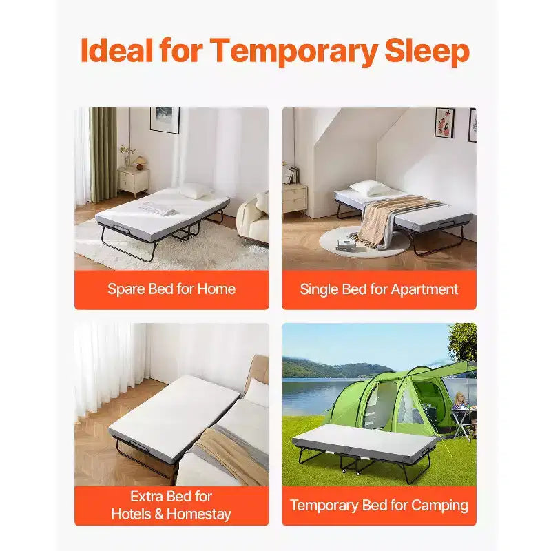 Lit pliant, lit escamotable 96,5 cm x 190,5 cm avec matelas de 10 cm, lit pliant simple avec cadre métallique robuste et matelas en mousse à mémoire de forme