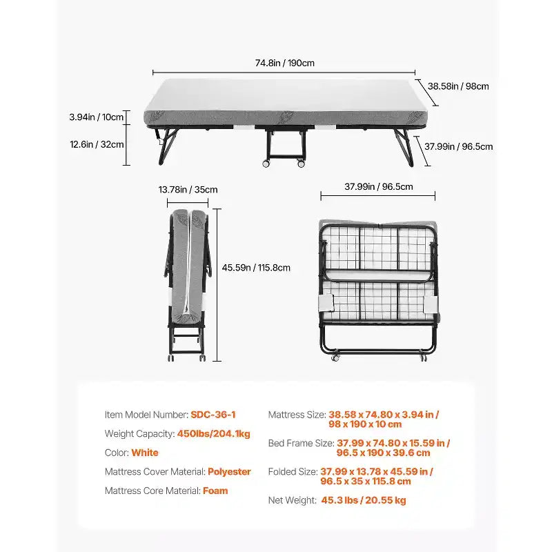 Lit pliant, lit escamotable 96,5 cm x 190,5 cm avec matelas de 10 cm, lit pliant simple avec cadre métallique robuste et matelas en mousse à mémoire de forme