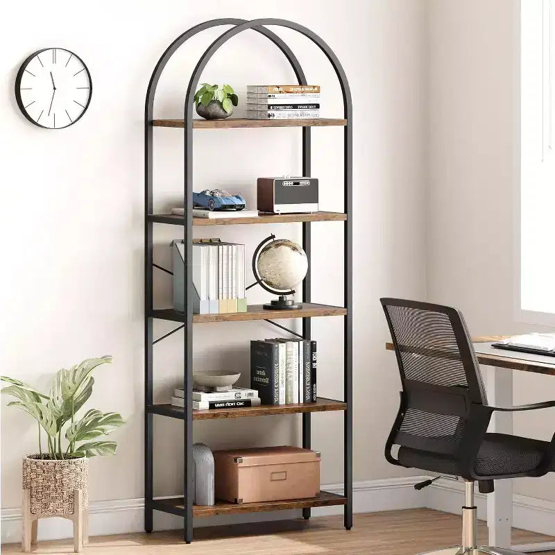 Bibliothèque moderne à 5 niveaux avec arches - Étagères en bois et cadre en métal pour le salon, la chambre ou le bureau.