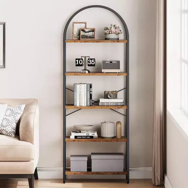 Bibliothèque moderne à 5 niveaux avec arches - Étagères en bois et cadre en métal pour le salon, la chambre ou le bureau.