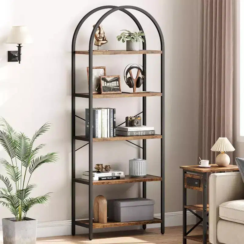 Bibliothèque moderne à 5 niveaux avec arches - Étagères en bois et cadre en métal pour le salon, la chambre ou le bureau.