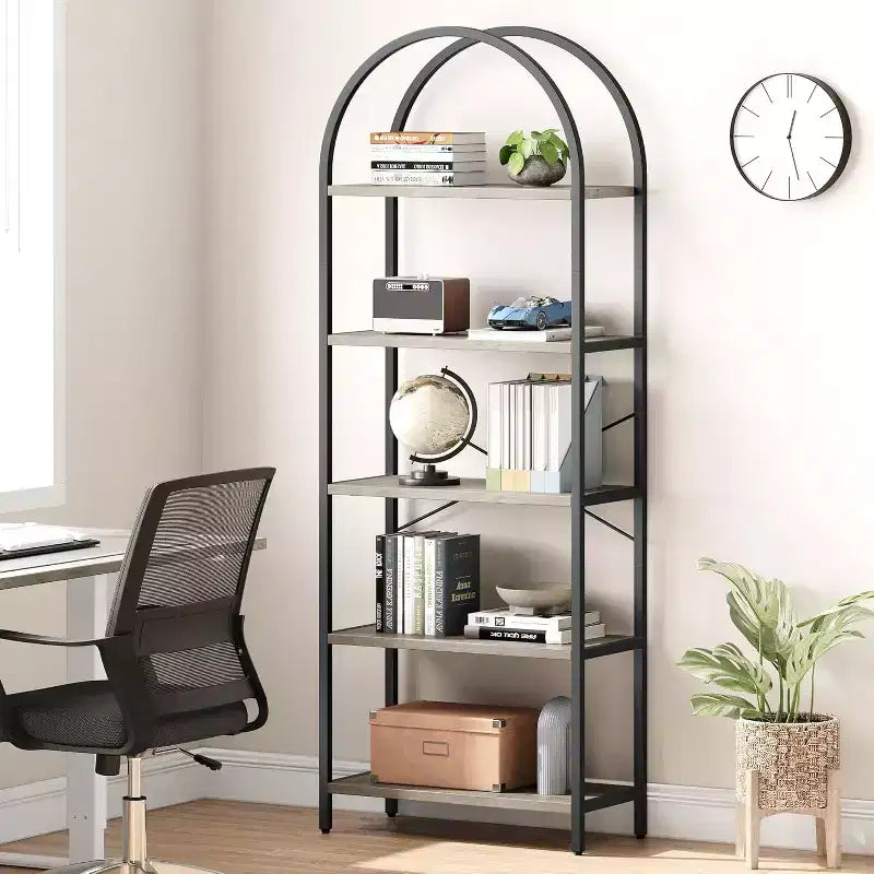 Bibliothèque moderne à 5 niveaux avec arches - Étagères en bois et cadre en métal pour le salon, la chambre ou le bureau.