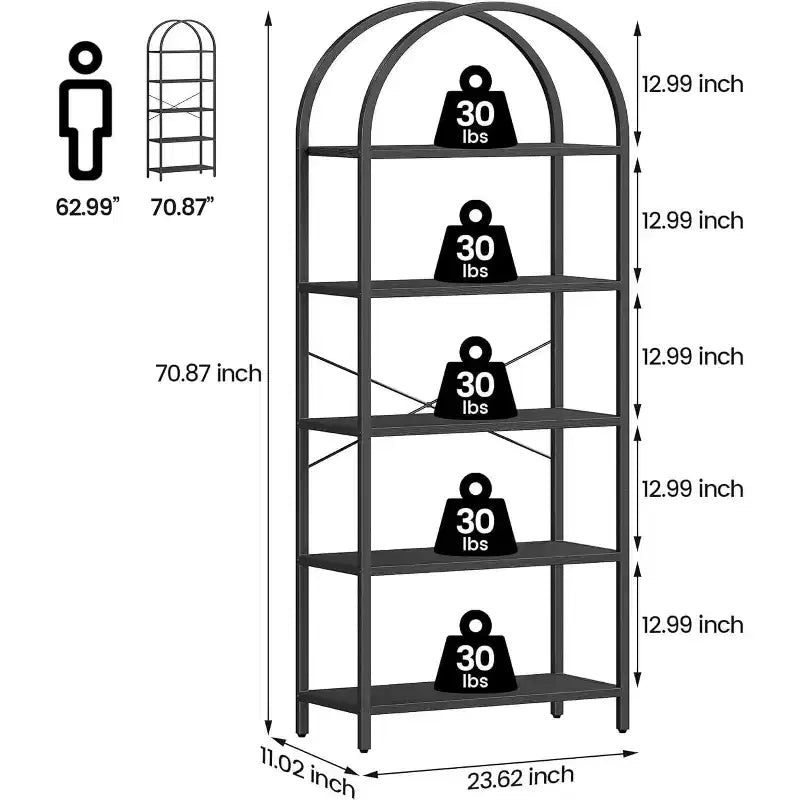 Bibliothèque moderne à 5 niveaux avec arches - Étagères en bois et cadre en métal pour le salon, la chambre ou le bureau.