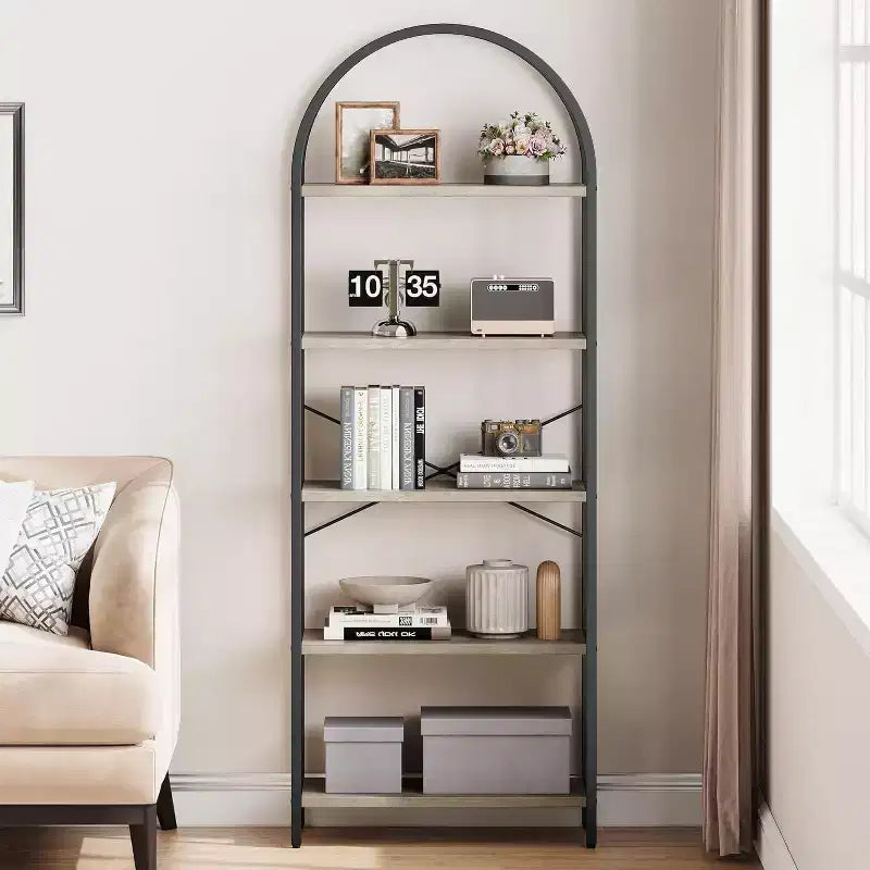 Bibliothèque moderne à 5 niveaux avec arches - Étagères en bois et cadre en métal pour le salon, la chambre ou le bureau.