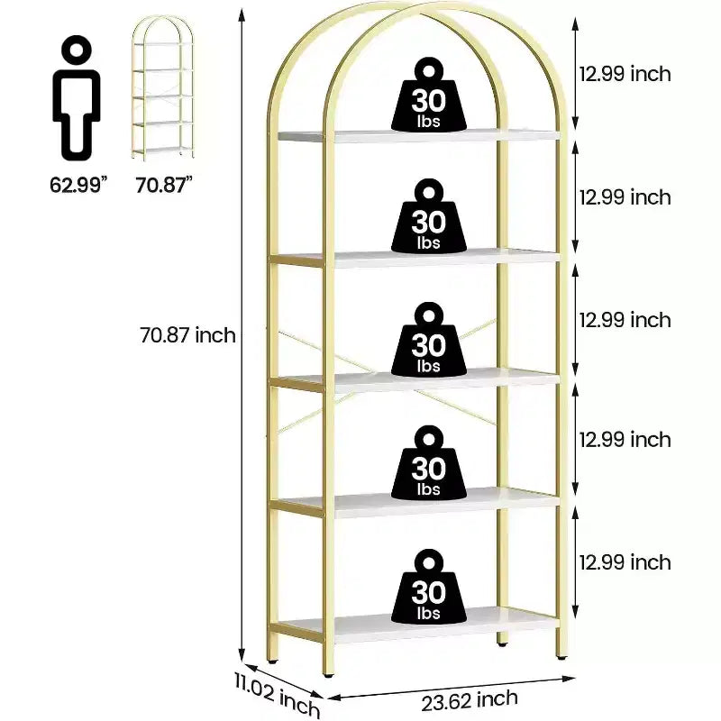 Bibliothèque moderne à 5 niveaux avec arches - Étagères en bois et cadre en métal pour le salon, la chambre ou le bureau.