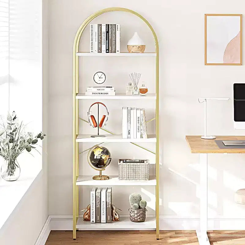 Bibliothèque moderne à 5 niveaux avec arches - Étagères en bois et cadre en métal pour le salon, la chambre ou le bureau.