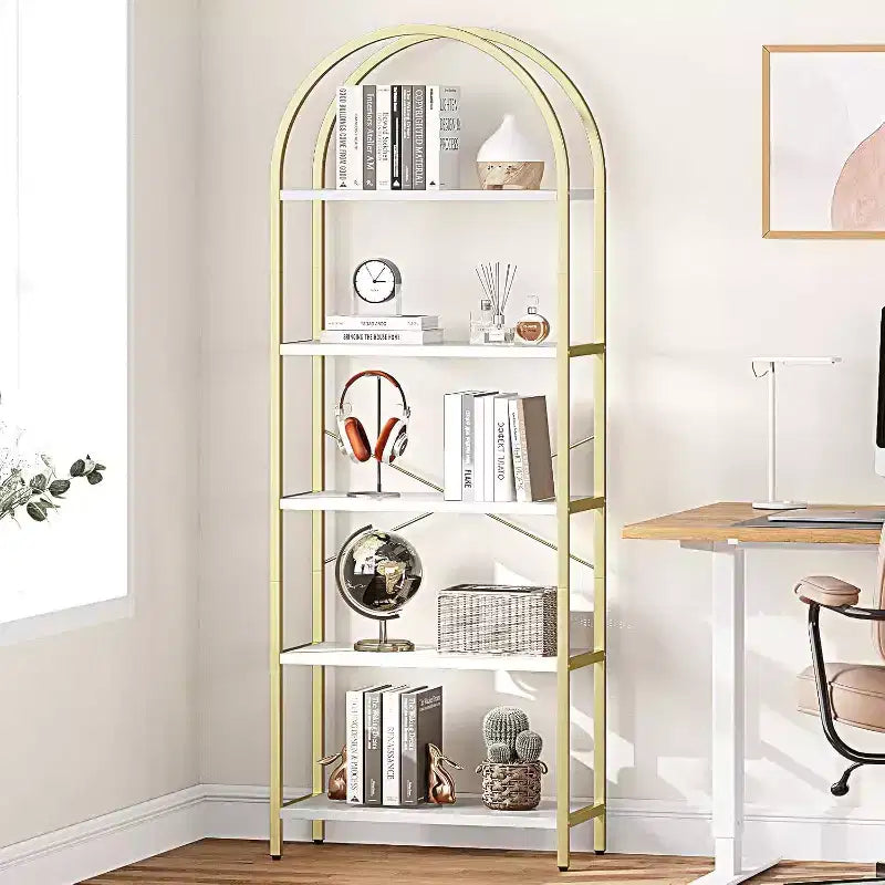 Bibliothèque moderne à 5 niveaux avec arches - Étagères en bois et cadre en métal pour le salon, la chambre ou le bureau.