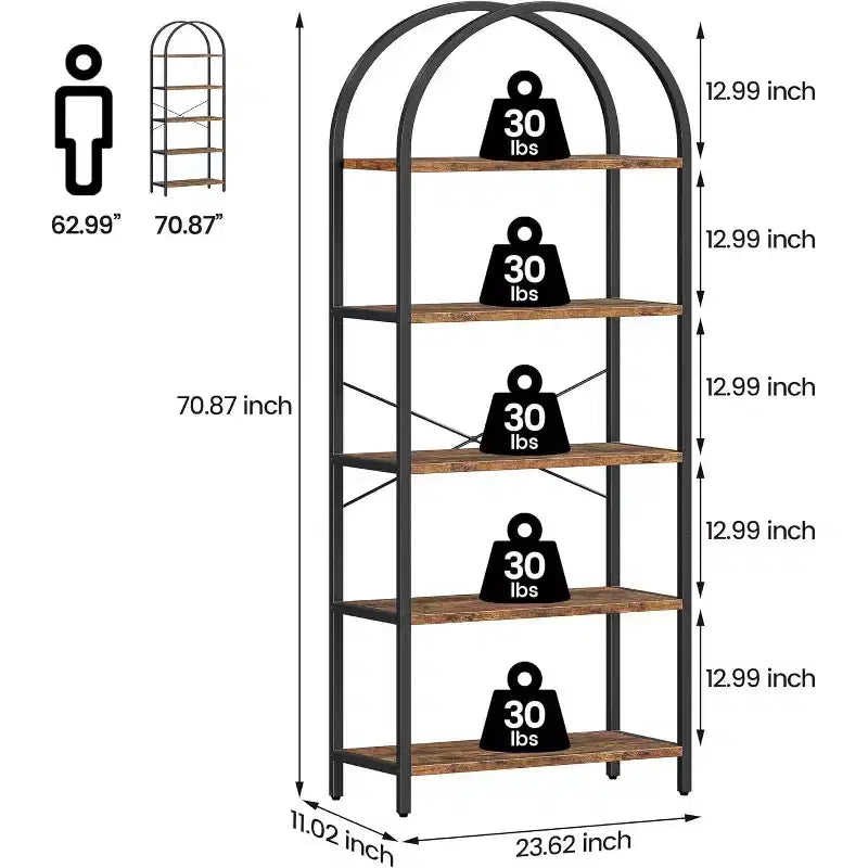 Bibliothèque moderne à 5 niveaux avec arches - Étagères en bois et cadre en métal pour le salon, la chambre ou le bureau.