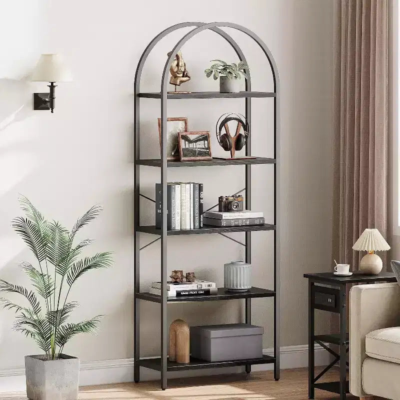 5-Tier Modern Arched Bookshelf  Tall Metal Frame & Wood Shelves for Living Room, Bedroom, or Home Office Storage