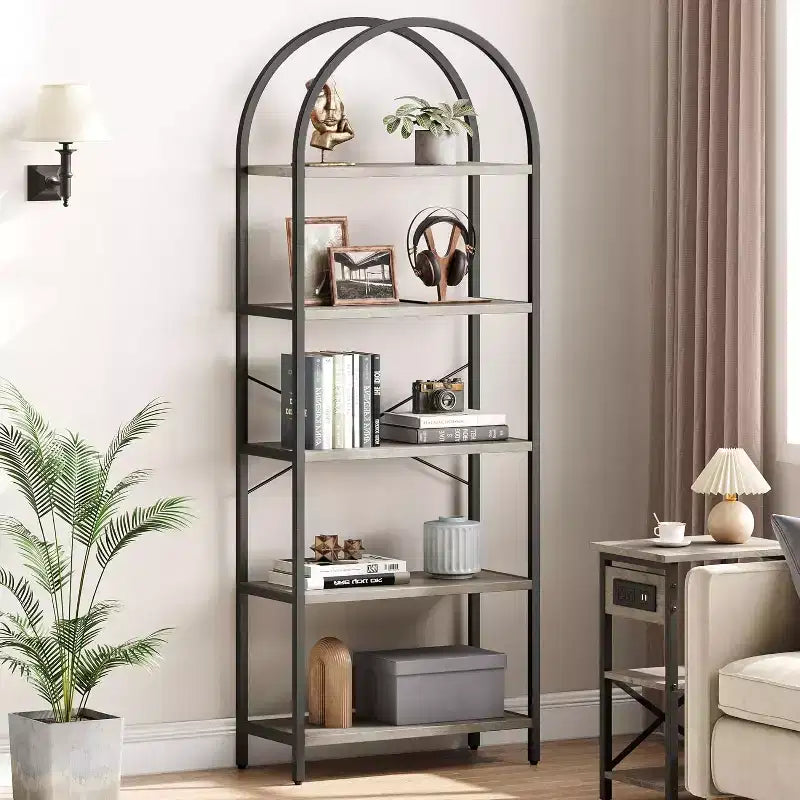 Bibliothèque moderne à 5 niveaux avec arches - Étagères en bois et cadre en métal pour le salon, la chambre ou le bureau.