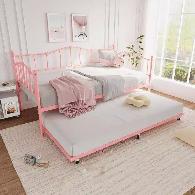 Cadre de Lit de Repos en Métal Taille Double avec Lit Gigogne, Lit de Jour Taille Double avec Lit Gigogne Coulissant, Design Cœur, avec Support de Lattes en Acier