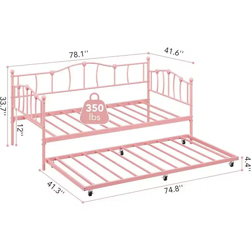 Cadre de Lit de Repos en Métal Taille Double avec Lit Gigogne, Lit de Jour Taille Double avec Lit Gigogne Coulissant, Design Cœur, avec Support de Lattes en Acier