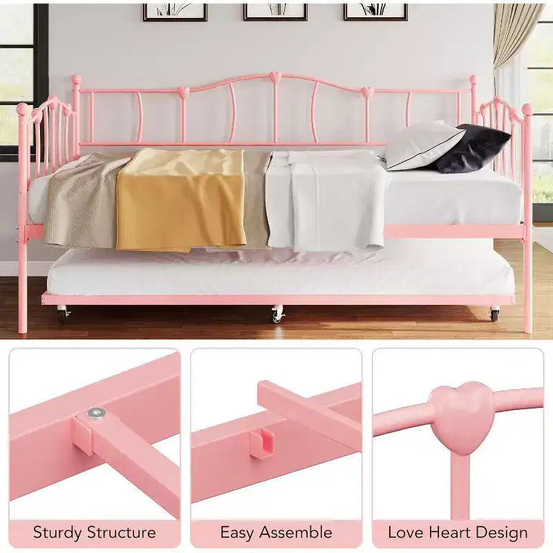 Cadre de Lit de Repos en Métal Taille Double avec Lit Gigogne, Lit de Jour Taille Double avec Lit Gigogne Coulissant, Design Cœur, avec Support de Lattes en Acier