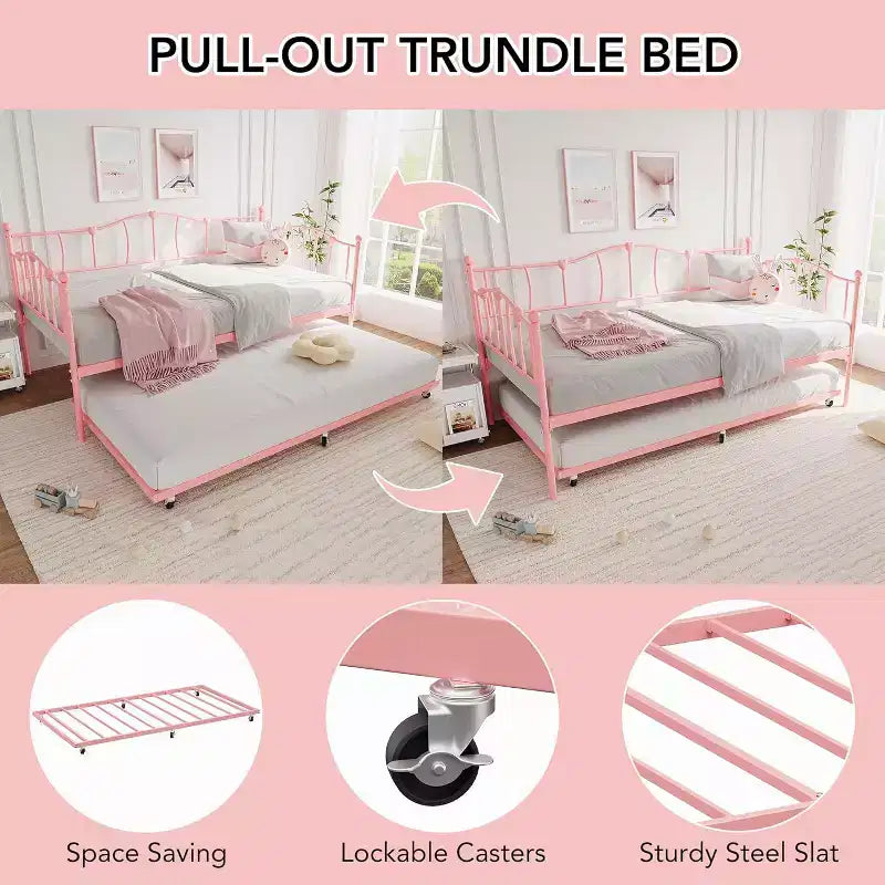 Cadre de Lit de Repos en Métal Taille Double avec Lit Gigogne, Lit de Jour Taille Double avec Lit Gigogne Coulissant, Design Cœur, avec Support de Lattes en Acier